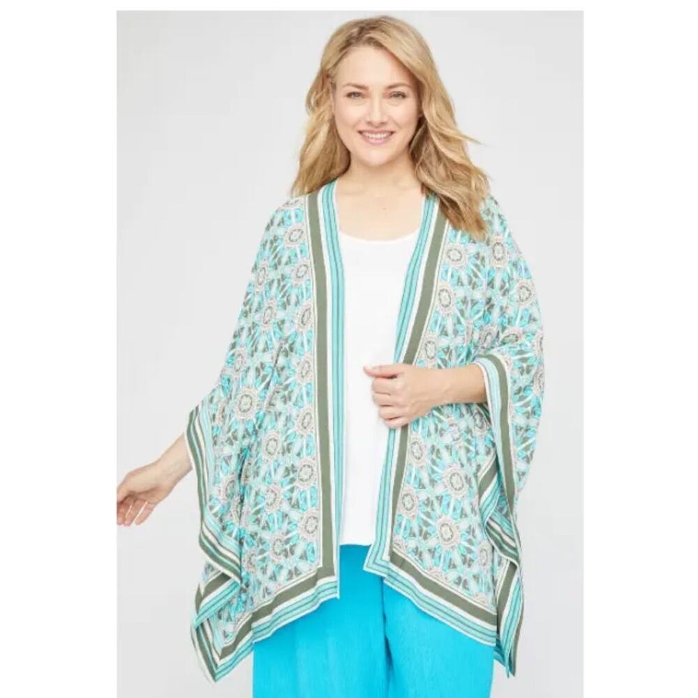 Catherines Teal and White Floral Open-Kimono Blouse